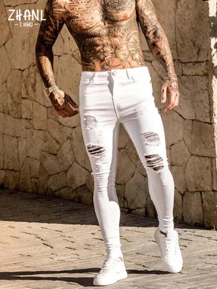 Fashion White Skinny Ripped Jeans Men Elastic Stretch Slim Denim Pants Streetwear motorcycle Hip Hop Jean Jogging Denim Trousers