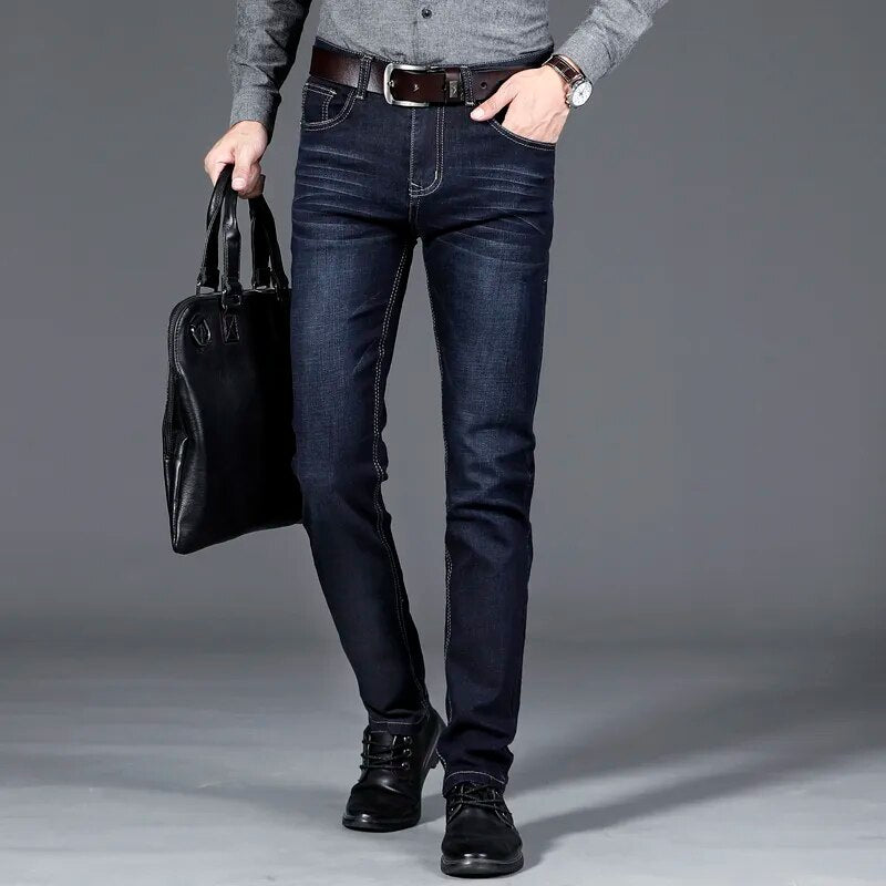 2023 Classic Style Men's Black Blue Regular Fit Jeans Business Casual Stretch Denim Pants Male Brand Trousers