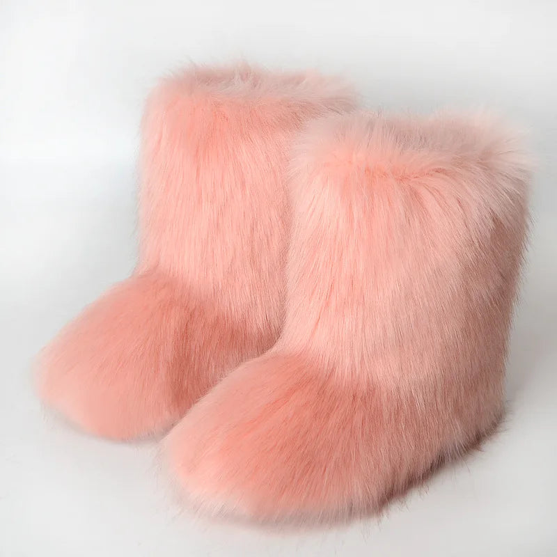 Winter Fuzzy Boots Women Furry Shoes Fluffy Fur Snow Boots Plush lining Slip-on Rubber Flat Outdoor Bowtie Warm Ladies Footwear