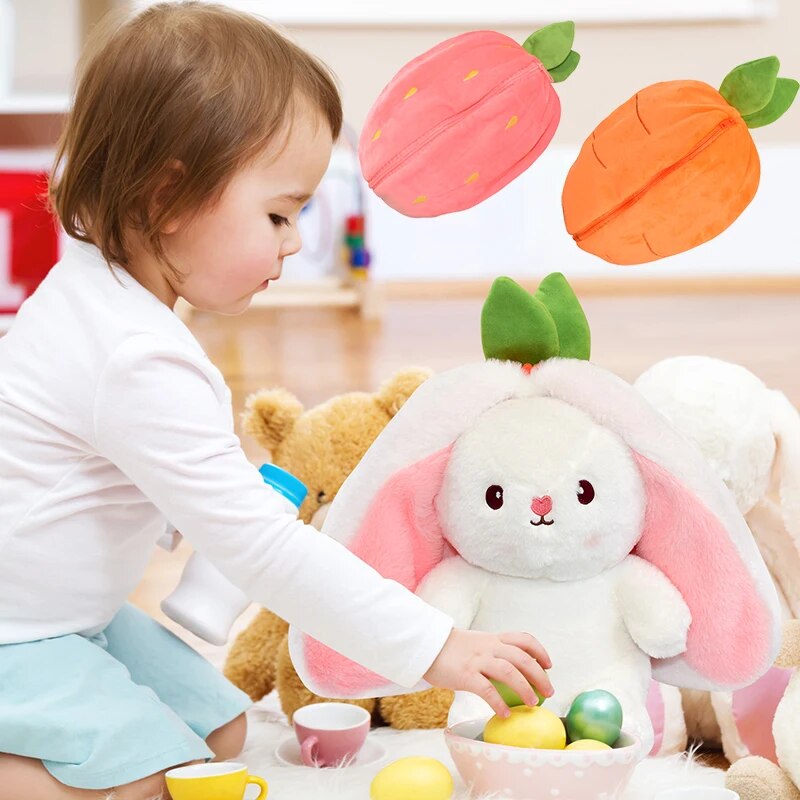 2PCS Bunny Plush Toy Reversible Carrot Strawberry Bag Turn Into Rabbit Stuffed Animals Pillow Soft Plush Toys for Kids Girl Gift