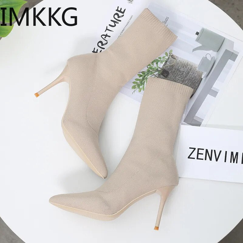 Sexy Sock Boots Knitting Stretch Boots High Heels for Women Fashion Shoes 2021 Spring Autumn Ankle Boots Female Size 42