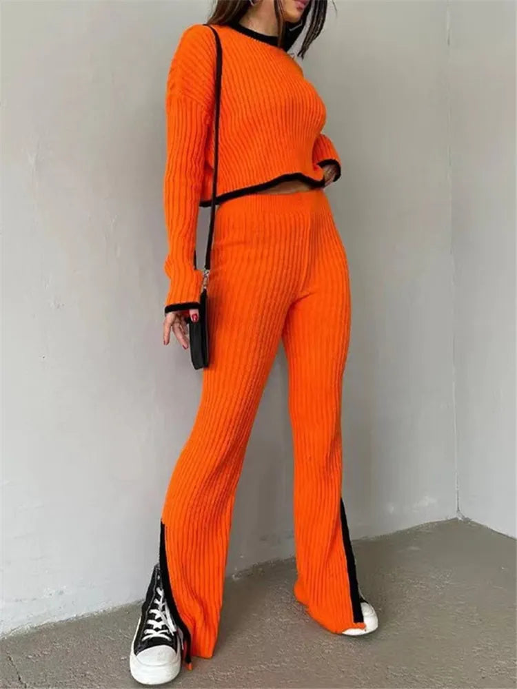 REALEFT Autumn Winter 2 Pieces Women's Oufit Sets Knitted Tracksuit O-Neck Sweater and Wide Leg Jogging Pants Female Suits 2023