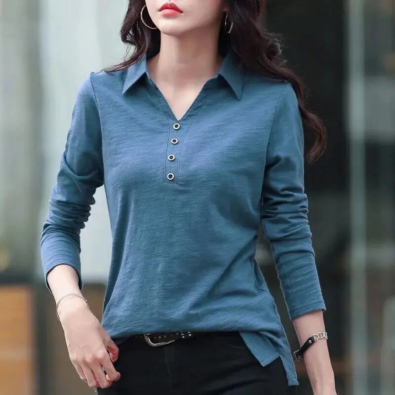 HI-FASHION Women Autumn Cotton Button T-Shirt Korean Harajuku Lapel Office Long Sleeve Female Plus Size Tops Tees Shirt