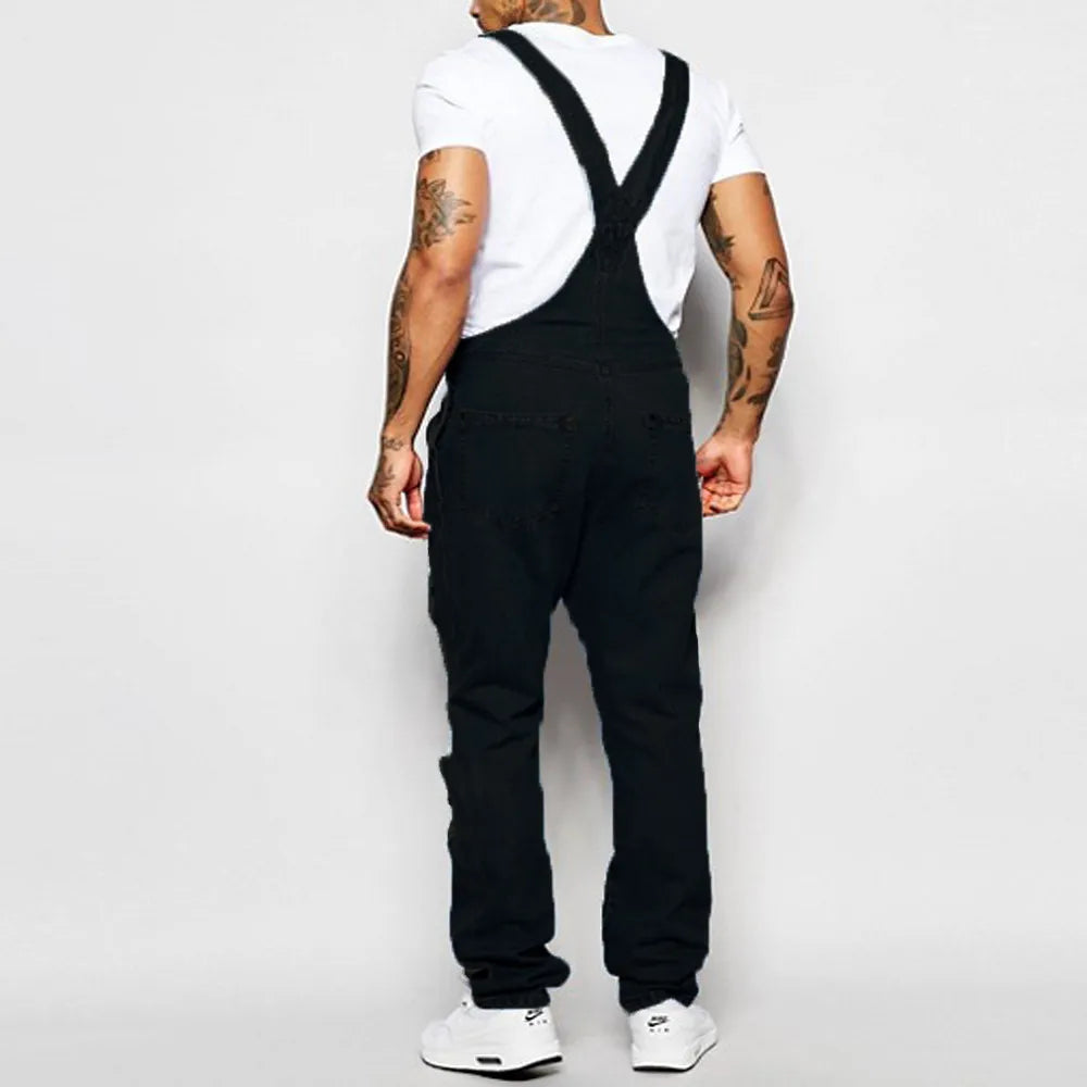 Men's Ripped Denim Overalls Fashion Full Length Suspender Pants Homme Jeans High Street Jumpsuit Distressed Casual Trousers