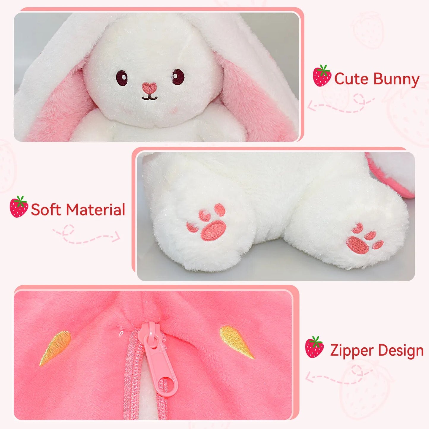 2PCS Bunny Plush Toy Reversible Carrot Strawberry Bag Turn Into Rabbit Stuffed Animals Pillow Soft Plush Toys for Kids Girl Gift