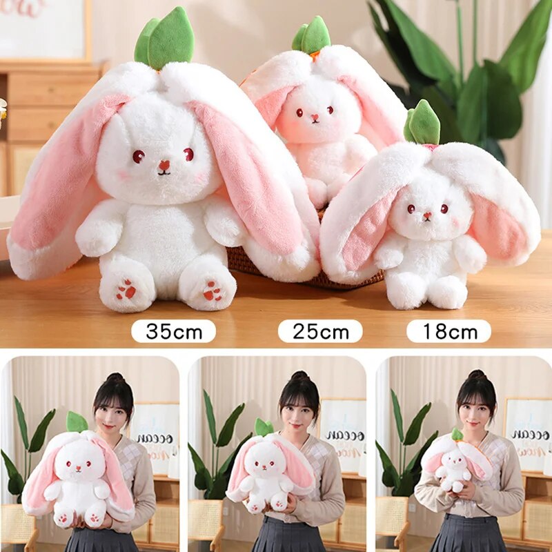 2PCS Bunny Plush Toy Reversible Carrot Strawberry Bag Turn Into Rabbit Stuffed Animals Pillow Soft Plush Toys for Kids Girl Gift