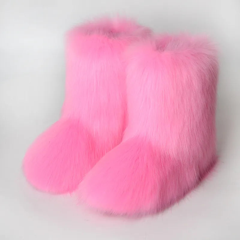 Winter Fuzzy Boots Women Furry Shoes Fluffy Fur Snow Boots Plush lining Slip-on Rubber Flat Outdoor Bowtie Warm Ladies Footwear