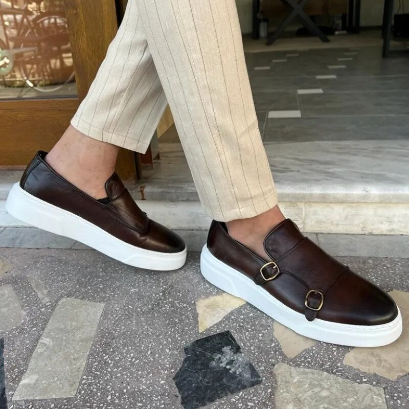 New Brown Men's Vulcanize Shoes Double Buckle Monk Shoes Black Slip-On Lazy Shoes Handmade Free Shipping Men Casual Shoes