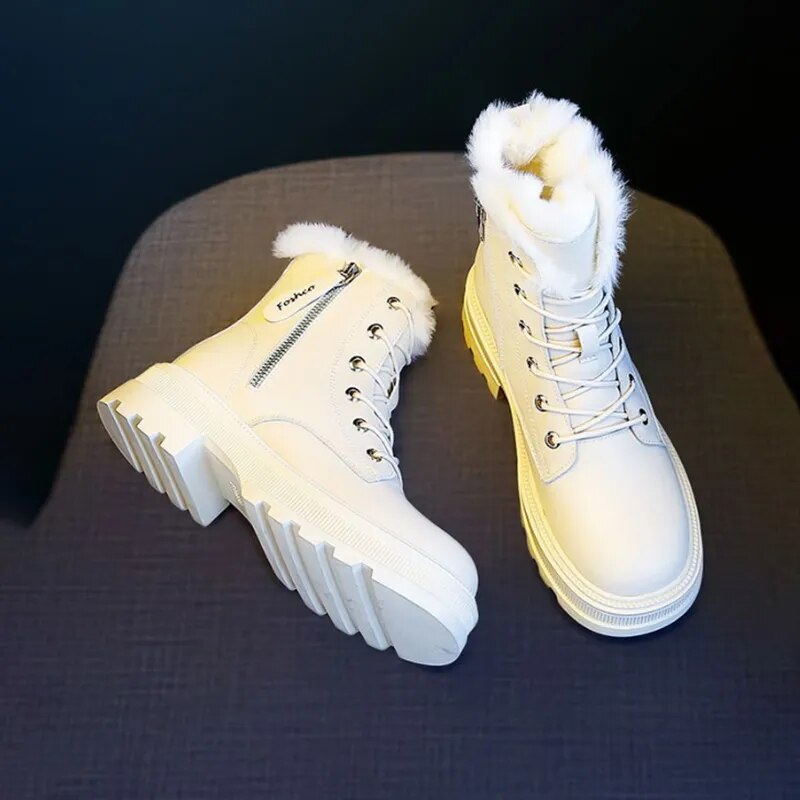 Snow Boots Plush Warm Medium Boots Women's Black and White Winter Thickened Warm Snow Flat Shoes Zapatos Mujer