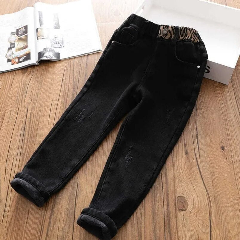 Winter Kids Girls Jeans Slim Casual Pants Black Blue Denim Fleece Thermal Straight Trousers For Children Versatile Stretch Jeans