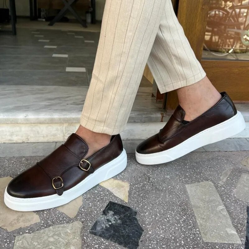 New Brown Men's Vulcanize Shoes Double Buckle Monk Shoes Black Slip-On Lazy Shoes Handmade Free Shipping Men Casual Shoes