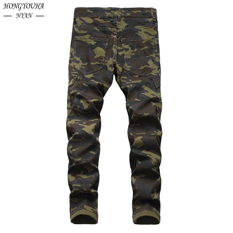 2022 Fashion Military Men's Camouflage Jeans Male Slim Trend Hip Hop Straight Army Green Pocket Cargo Denim Youth Brand Pants