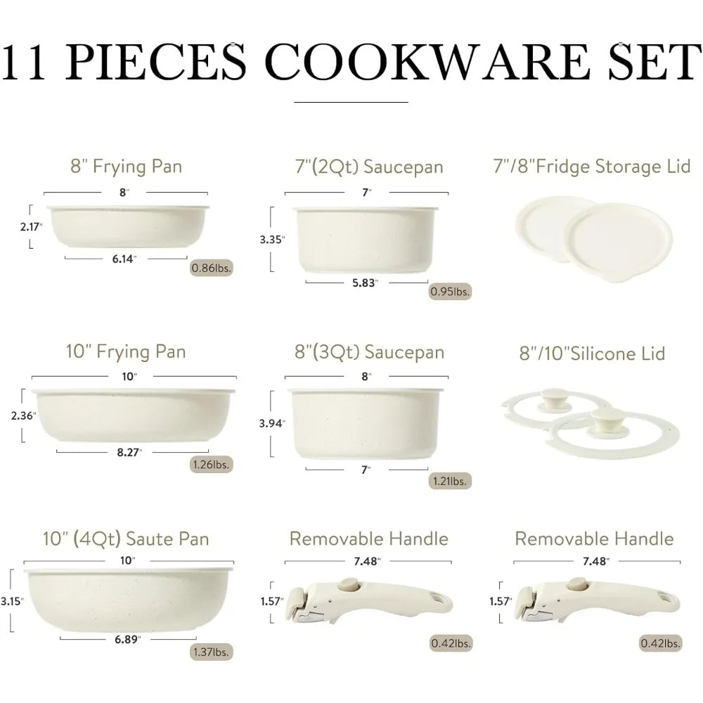 CAROTE 11pcs Pots and Pans Set, Nonstick Cookware Sets Detachable Handle, Induction RV Kitchen Set Removable Handle, Oven Safe, Cream white