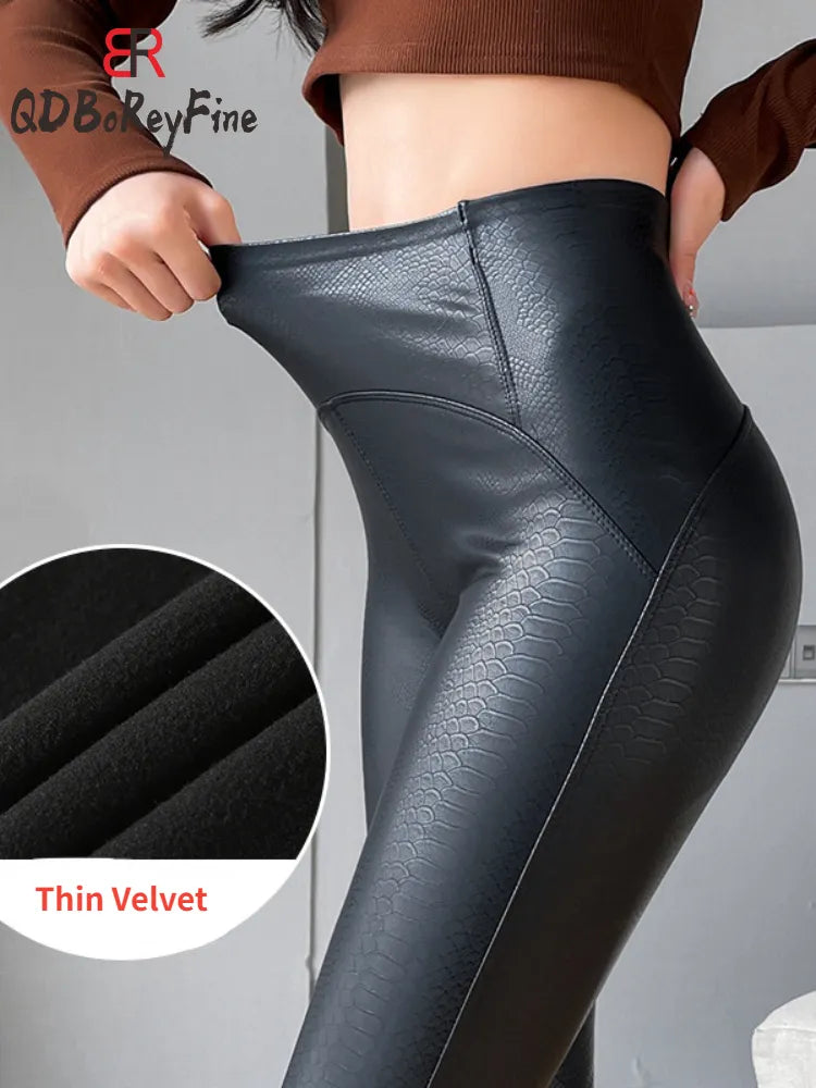 Sexy Slimming Pu Leather Leggings Women Winter Autumn Black High Waist Tights Stretch Soft Thin Fleece Leggings for Women Pants