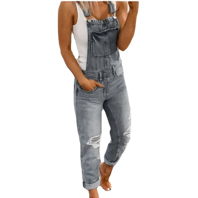 Gray Ripped Jeans Jumpsuit for Women Spring Fashion Big Pocket Sleeveless Denim Overalls Lady Casual Loose Suspender Denim Pants