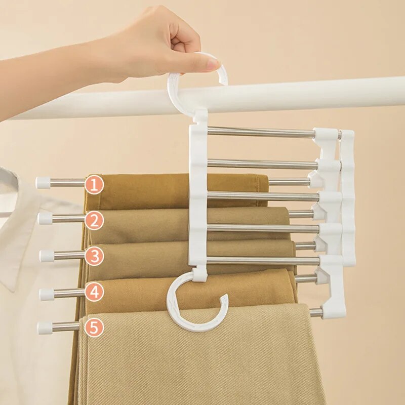 5 in 1 Multifunction Pant Rack Hangers Stainless Steel Wardrobe Adjustable Magic Trouser Hangers towel Shelves Closet Organizer