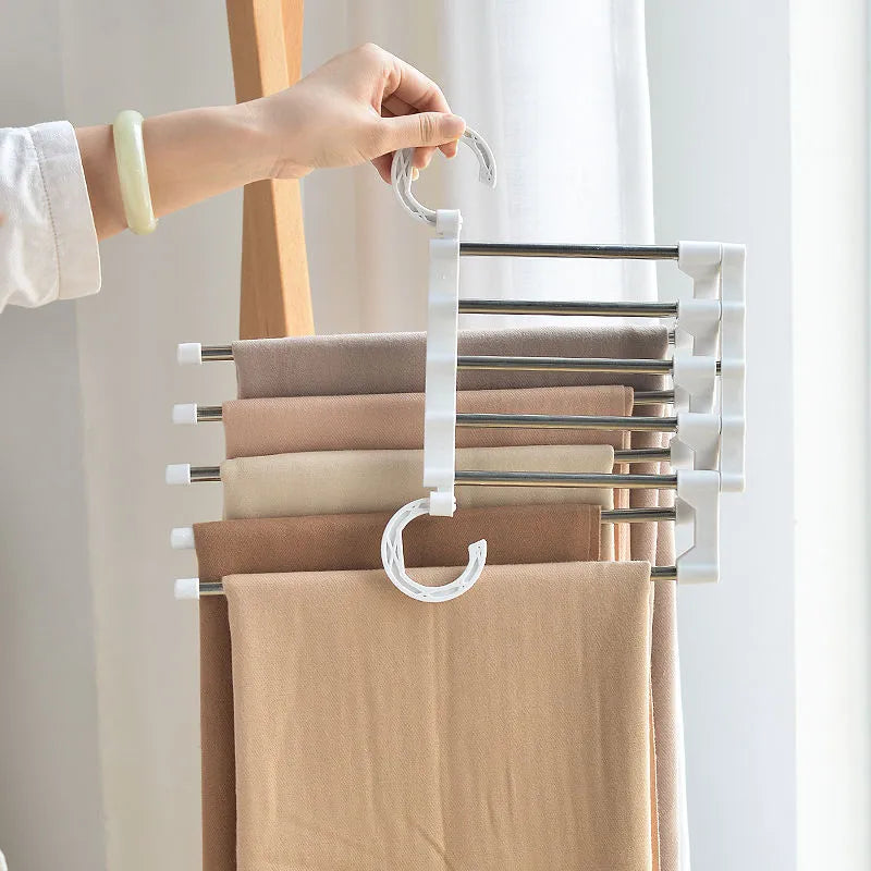 5 in 1 Multifunction Pant Rack Hangers Stainless Steel Wardrobe Adjustable Magic Trouser Hangers towel Shelves Closet Organizer