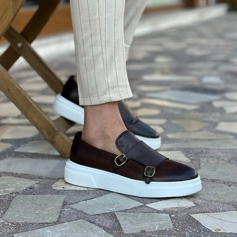 New Brown Men's Vulcanize Shoes Double Buckle Monk Shoes Black Slip-On Lazy Shoes Handmade Free Shipping Men Casual Shoes