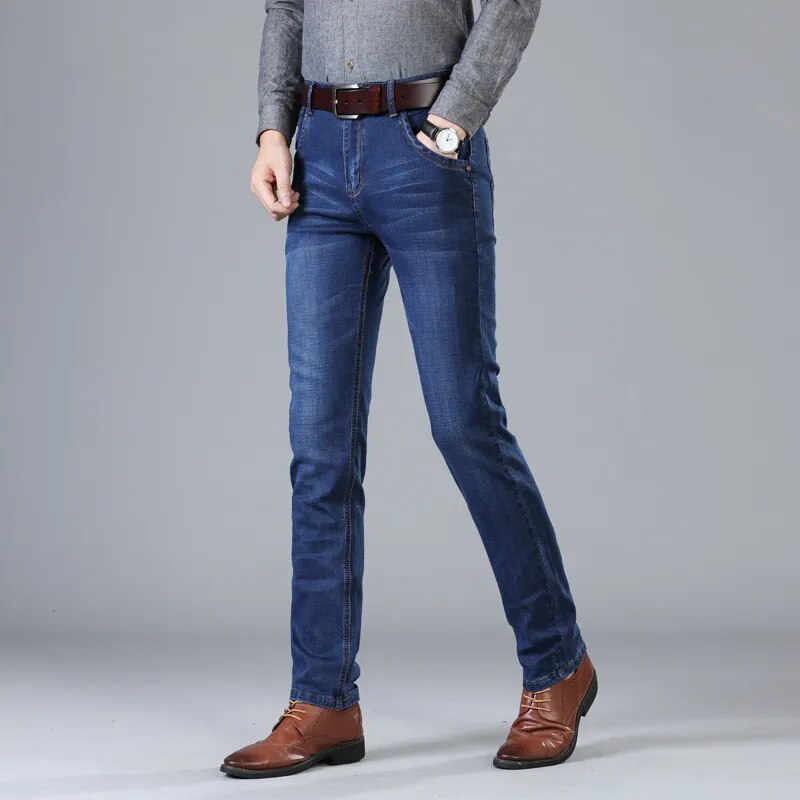 2023 Classic Style Men's Black Blue Regular Fit Jeans Business Casual Stretch Denim Pants Male Brand Trousers