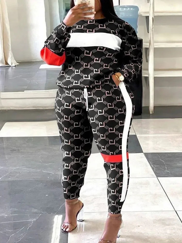 Sets Outifits 2023 New Plus Size Geometric Print Colorblock Sweatshirt & Striped Sweatpants Set of Two Fashion Casual Pieces