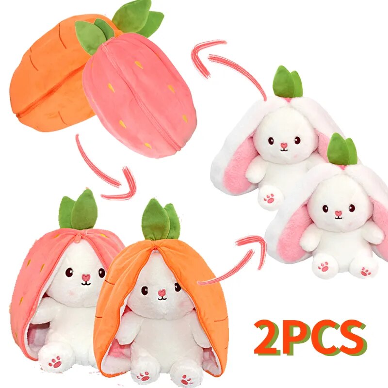 2PCS Bunny Plush Toy Reversible Carrot Strawberry Bag Turn Into Rabbit Stuffed Animals Pillow Soft Plush Toys for Kids Girl Gift