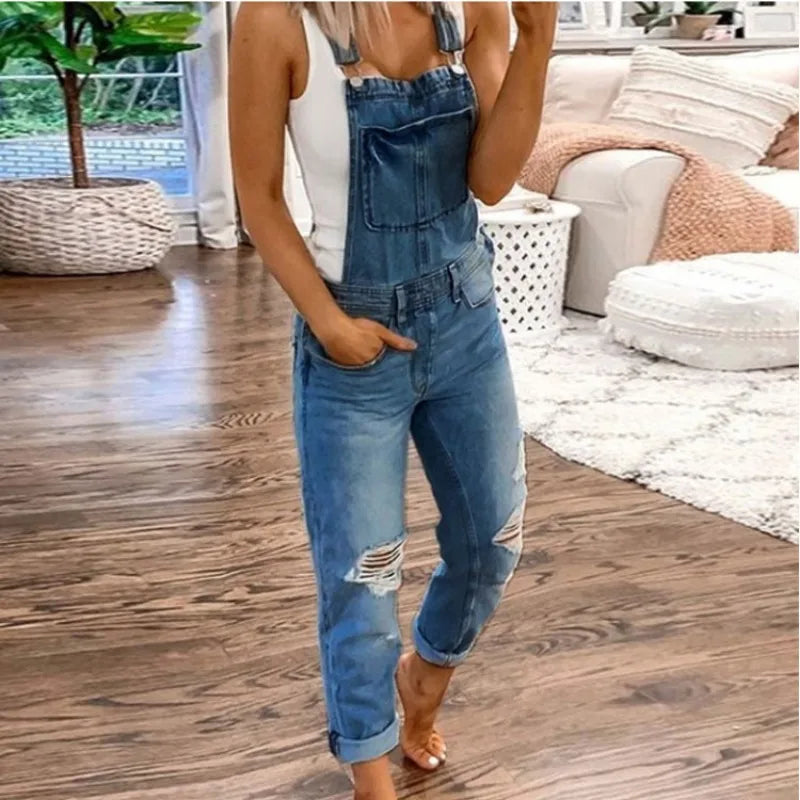 Gray Ripped Jeans Jumpsuit for Women Spring Fashion Big Pocket Sleeveless Denim Overalls Lady Casual Loose Suspender Denim Pants