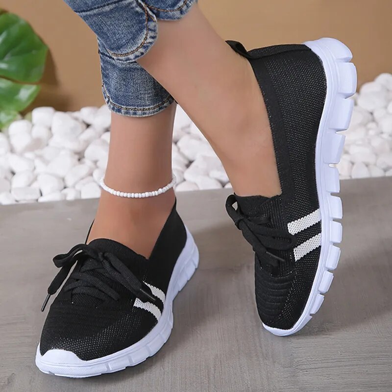 Mesh Knitted Striped Flats Shoes for Women 2023 Summer Lace Up Casual Sneakers Woman Breathable Soft Sole Loafers Plus Size 43