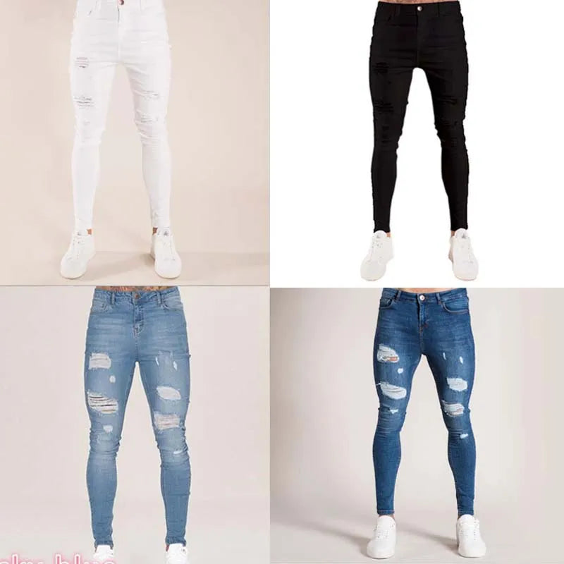 Fashion White Skinny Ripped Jeans Men Elastic Stretch Slim Denim Pants Streetwear motorcycle Hip Hop Jean Jogging Denim Trousers