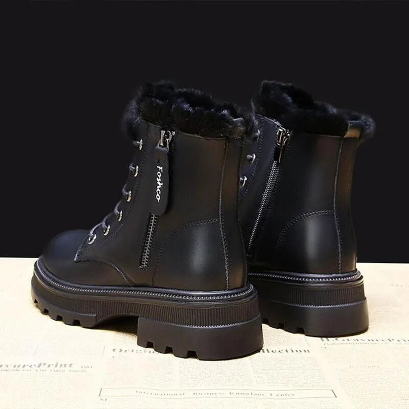 Snow Boots Plush Warm Medium Boots Women's Black and White Winter Thickened Warm Snow Flat Shoes Zapatos Mujer