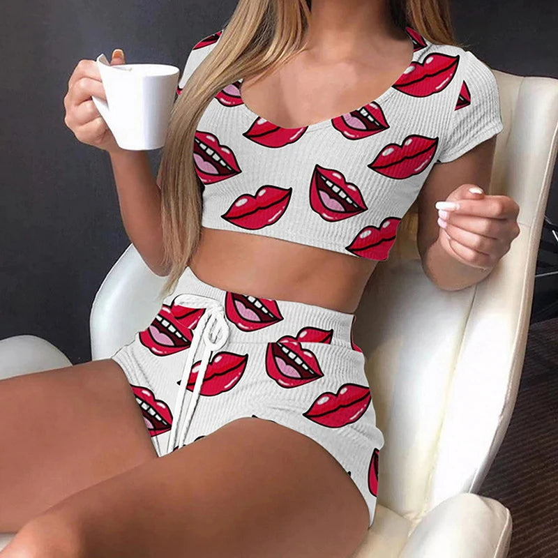 Summer Women Suit O-Neck Short Sleeve Shorts Casual Summer Homewear Print Lady Sleepwear Elastic Waist Elegant Streetwear Set