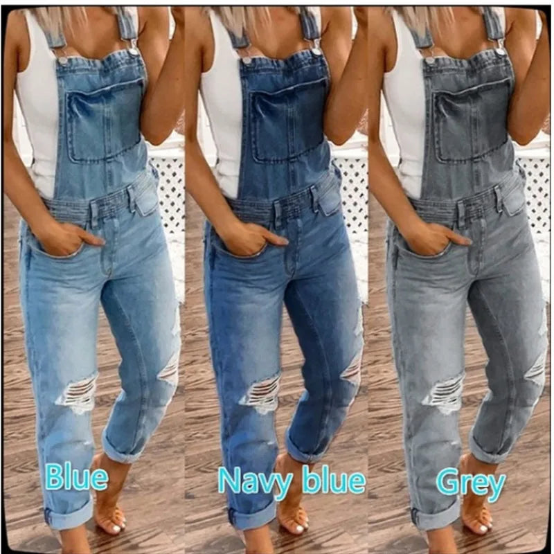 Gray Ripped Jeans Jumpsuit for Women Spring Fashion Big Pocket Sleeveless Denim Overalls Lady Casual Loose Suspender Denim Pants