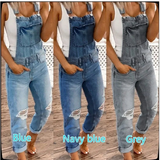 Gray Ripped Jeans Jumpsuit for Women Spring Fashion Big Pocket Sleeveless Denim Overalls Lady Casual Loose Suspender Denim Pants