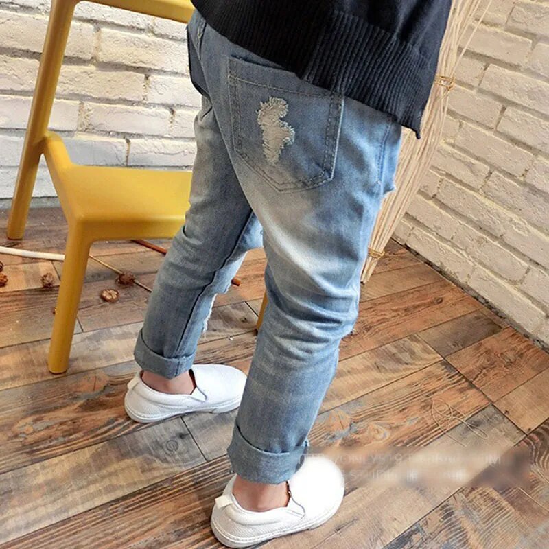 New Spring Autumn Boys and Girls Ripped Hole Jeans Fashion Fall Broken Denim Trousers Kids Jeans