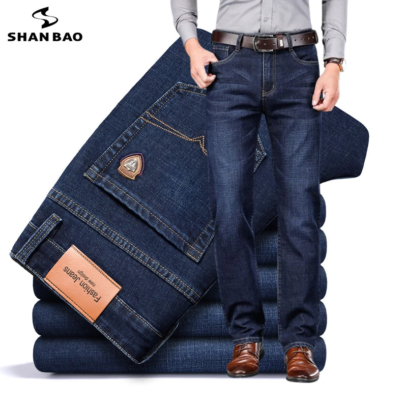 SHAN BAO 2022 autumn spring fitted straight stretch denim jeans classic style badge youth men's business casual jeans trousers