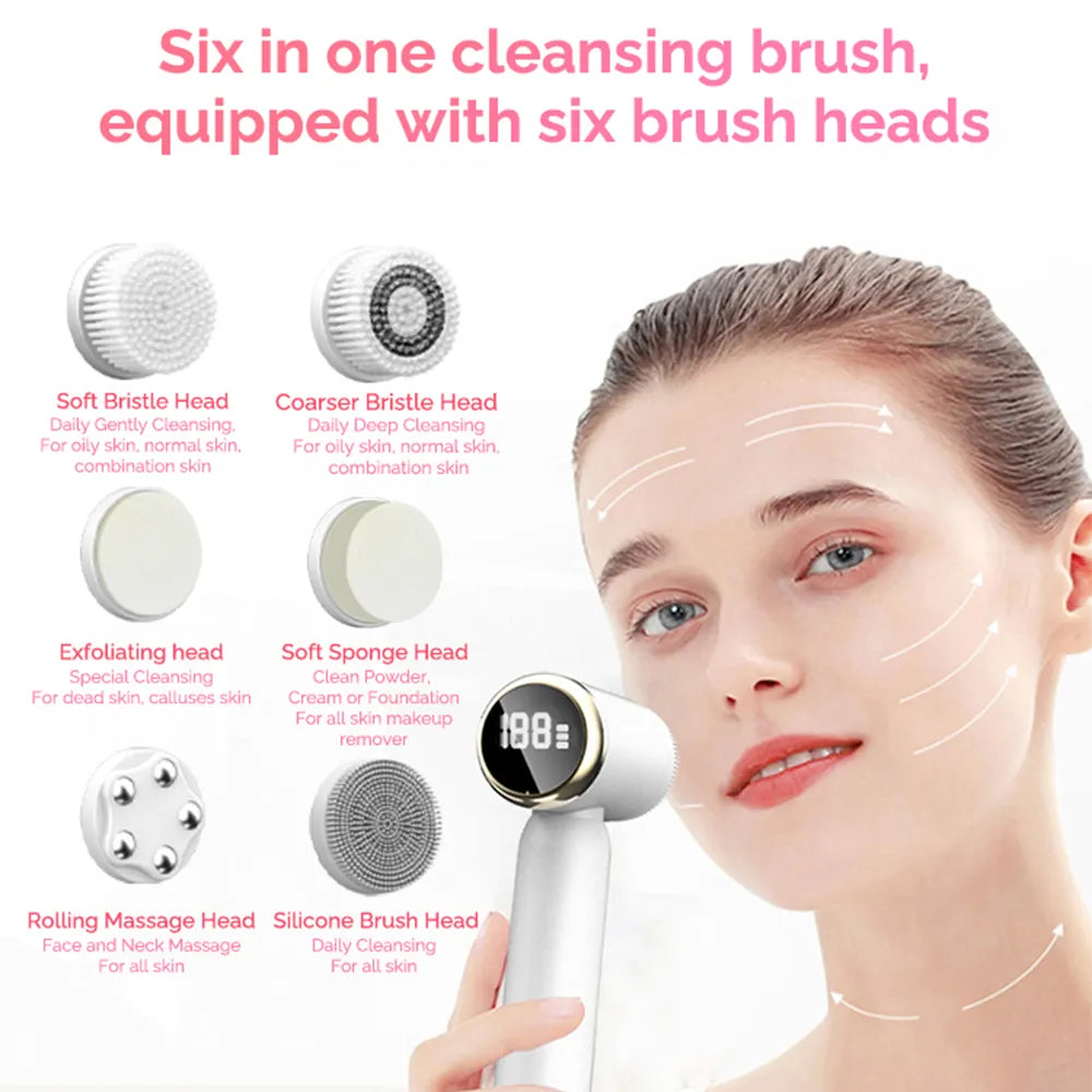 LED Electric Facial Cleansing Brush 6 In 1 Face Cleaner Blackhead Removal Pore Clean Skin Rejuvenation Beauty Care Device