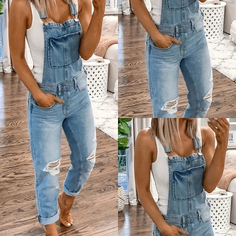 Gray Ripped Jeans Jumpsuit for Women Spring Fashion Big Pocket Sleeveless Denim Overalls Lady Casual Loose Suspender Denim Pants