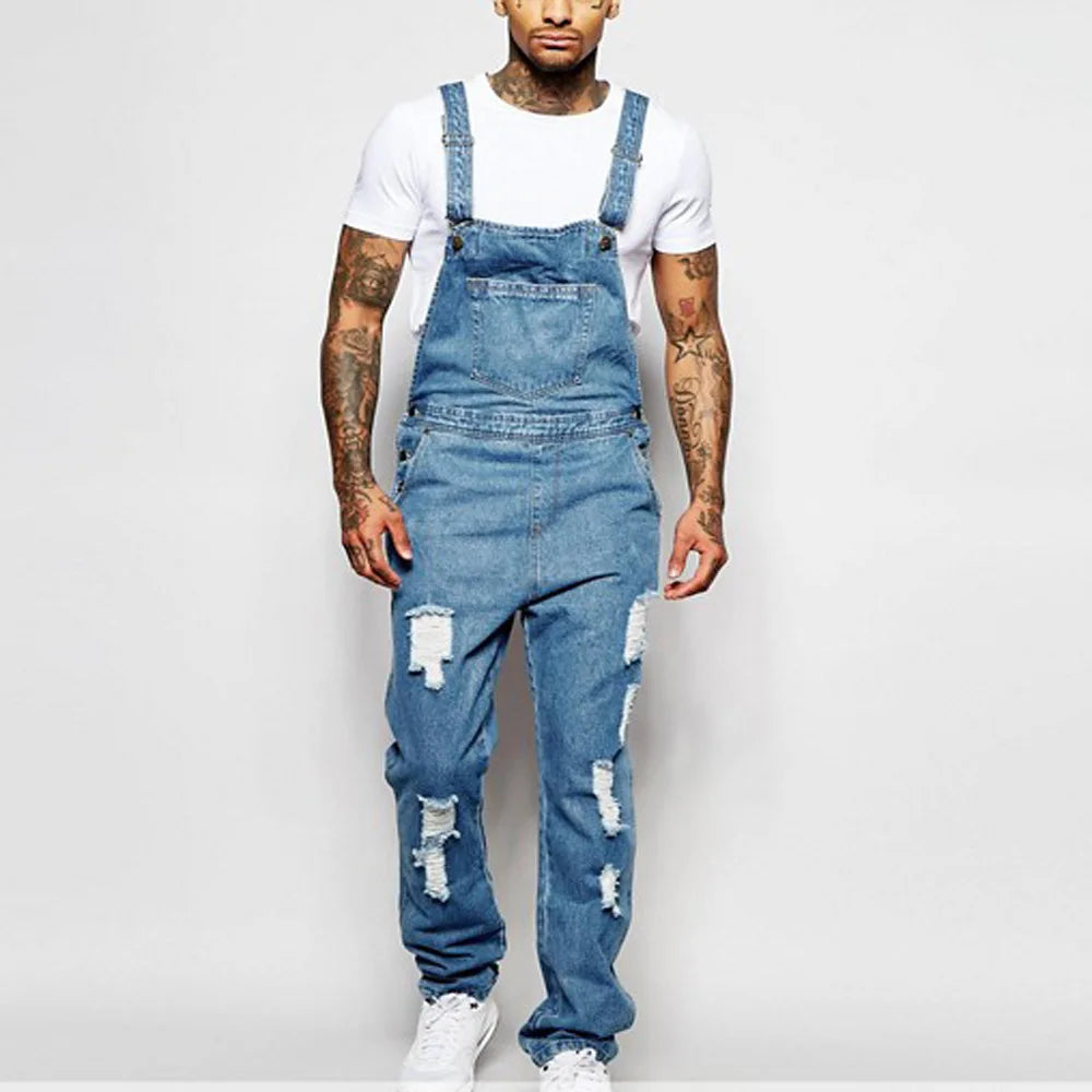 Men's Ripped Denim Overalls Fashion Full Length Suspender Pants Homme Jeans High Street Jumpsuit Distressed Casual Trousers