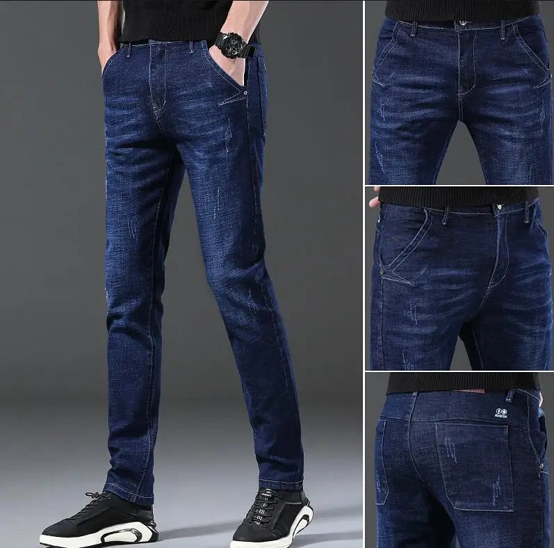 Fashion European American Style Stretch Men Jeans Luxury Men's Denim Pants Slim Straight Deep Blue Gentleman Size 28-38 Slacks