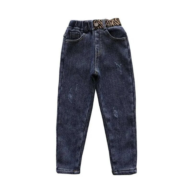 Winter Kids Girls Jeans Slim Casual Pants Black Blue Denim Fleece Thermal Straight Trousers For Children Versatile Stretch Jeans