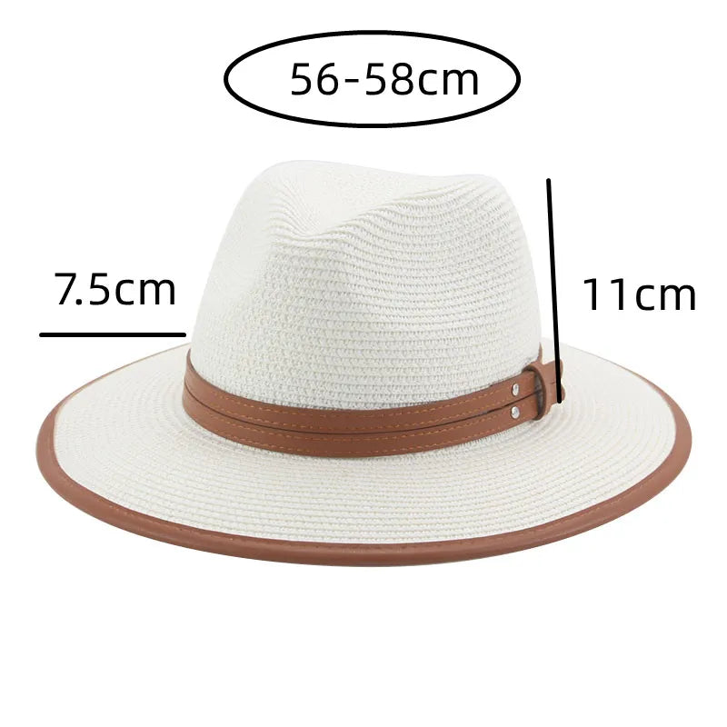 Hats for Women Men Solid Belt Khaki White Black Summer Hats Straw Hat Panama Big Brim Jazz Beach Women Hats Sombreros De Mujer