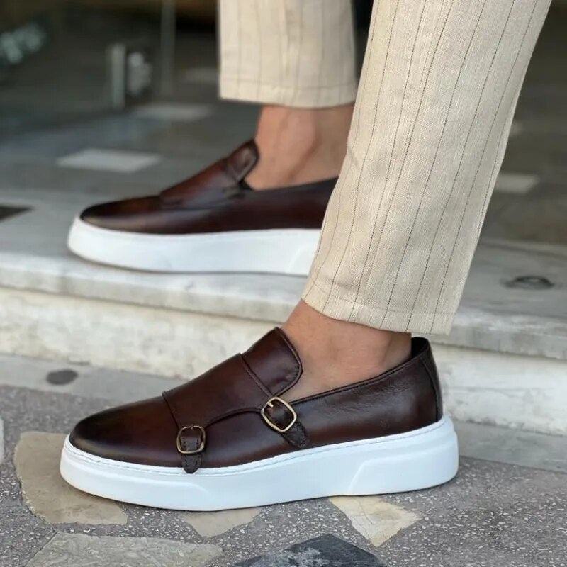 New Brown Men's Vulcanize Shoes Double Buckle Monk Shoes Black Slip-On Lazy Shoes Handmade Free Shipping Men Casual Shoes