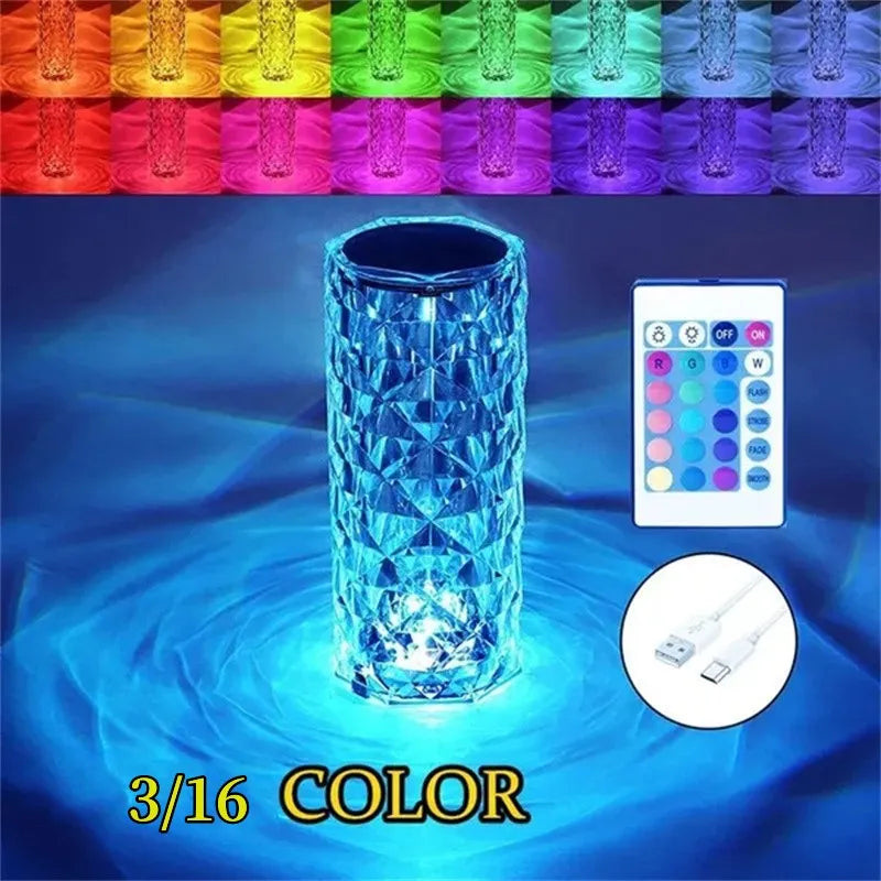 3/16 Colors LED Crystal Table Lamp Rose Light Projector Touch Romantic Diamond Atmosphere Light USB LED Night Light for Bedroom