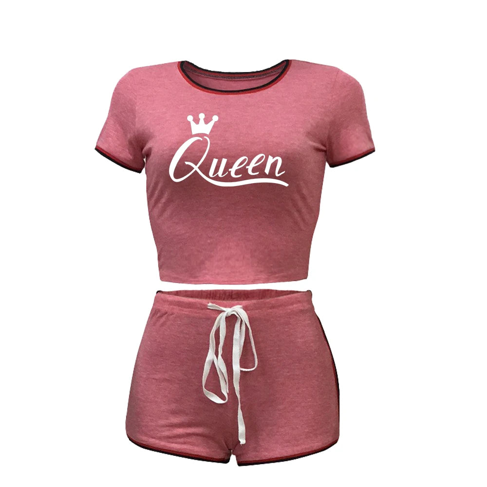 Women Queen Print Sport 2 Pcs Set Women Crop Top Shirt Leggings Shorts Yoga Sportsuit Wear Workout Outfit Fitness Gym Clothes