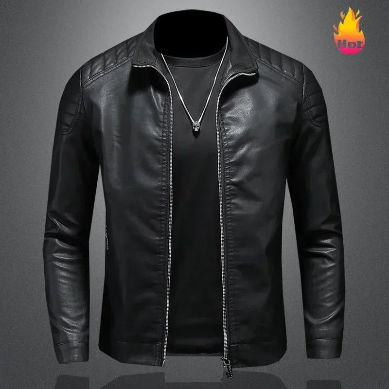 Men standing collar Jacke, leather motorcycle jacket men,bomber leather coat，fashion trend personalized leather winter clothing