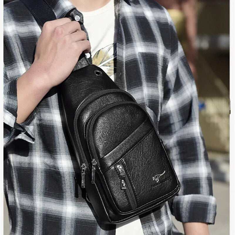 New Genuine Leather Chest Bag Men Travel Crossbody Bag Business Black Chest Pack Casual Sling Bag Male Shoulder Messenger Bag