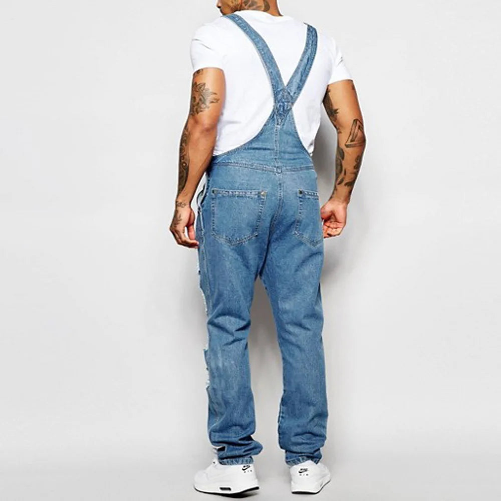 Men's Ripped Denim Overalls Fashion Full Length Suspender Pants Homme Jeans High Street Jumpsuit Distressed Casual Trousers