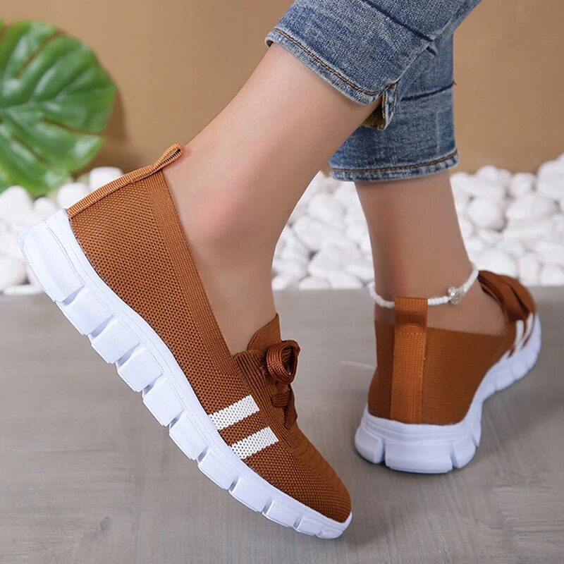 Mesh Knitted Striped Flats Shoes for Women 2023 Summer Lace Up Casual Sneakers Woman Breathable Soft Sole Loafers Plus Size 43