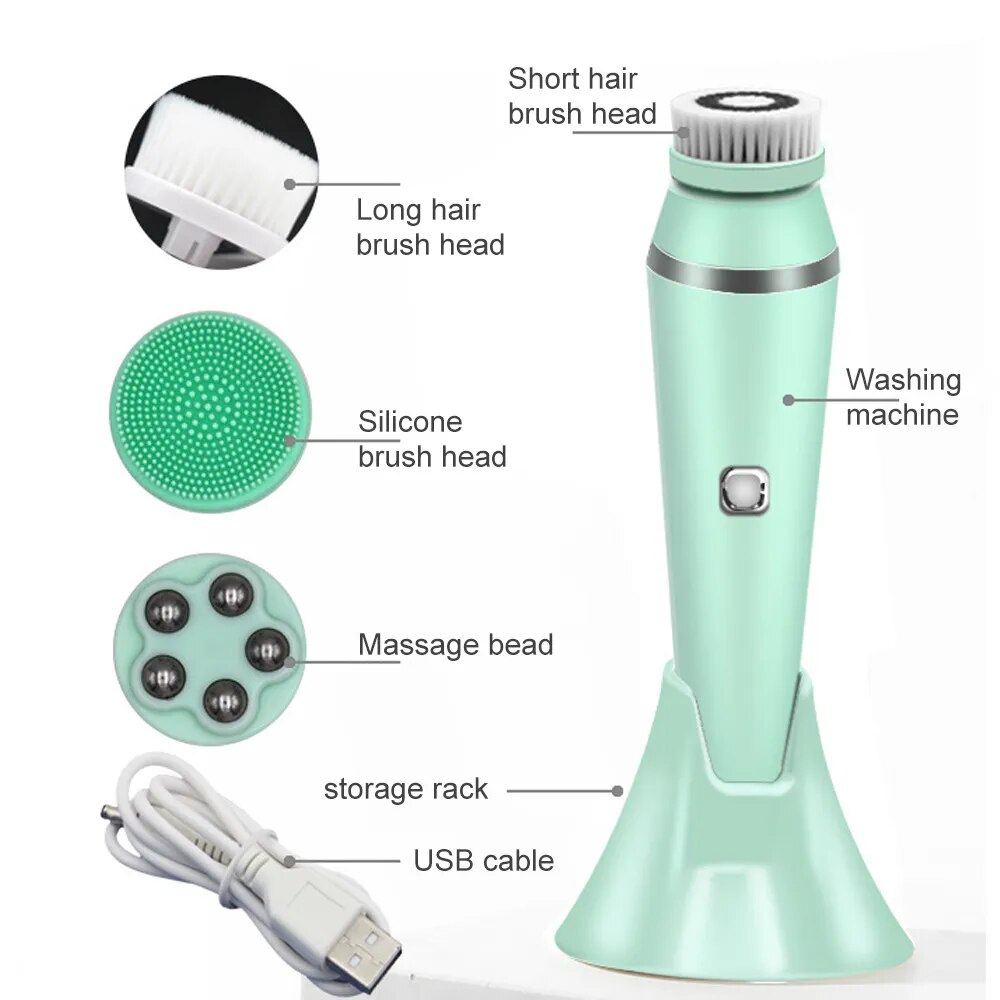 Electric 4in1 Face Cleansing Brush Sonic Blackhead Exfoliating Silicone Face Cleaner Skin Tightening Massage Home Spa Skin Care