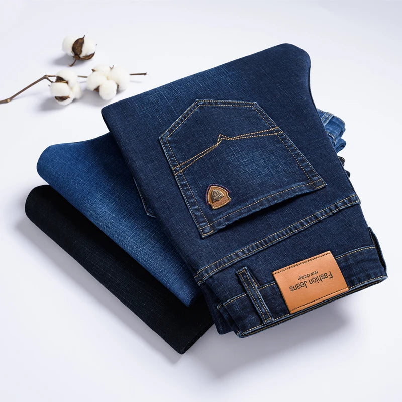 SHAN BAO 2022 autumn spring fitted straight stretch denim jeans classic style badge youth men's business casual jeans trousers