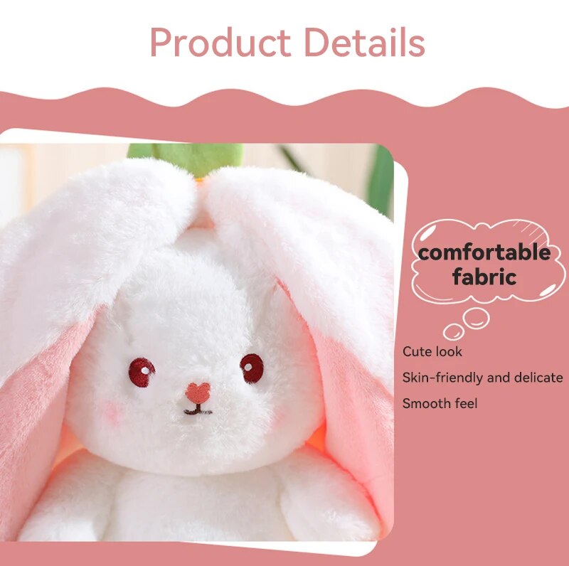 2PCS Bunny Plush Toy Reversible Carrot Strawberry Bag Turn Into Rabbit Stuffed Animals Pillow Soft Plush Toys for Kids Girl Gift